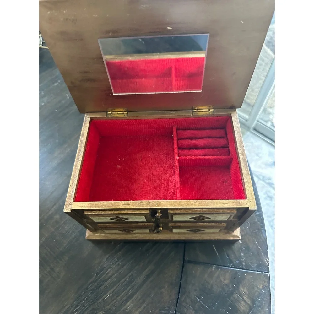 Vintage Royal Sealy Wood Musical Jewelry Box Red Velvet Lining Mirror Japan EUC